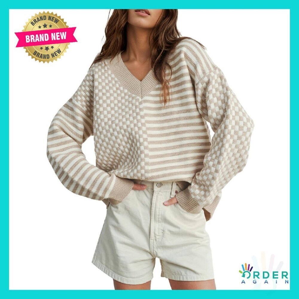 Striped V-Neck Pullover Sweater Oversized Chic Casual Knit Fall Tops
